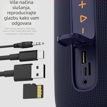 Prijenosni vanjski Bluetooth zvučnik s IPX7 vodootnošću, Bluetooth 5.3, frekvencijski raspon 100 Hz–20 kHz, SNR ≥70 dB, TF/USB/AUX/Bluetooth povezanost