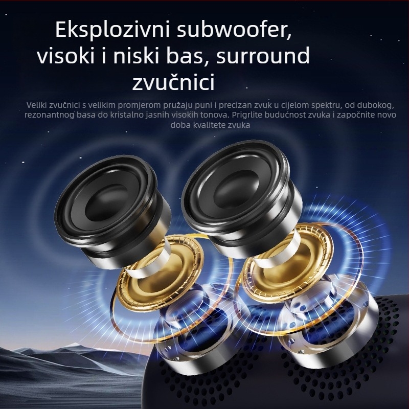 Prijenosni vanjski Bluetooth zvučnik s IPX7 vodootnošću, Bluetooth 5.3, frekvencijski raspon 100 Hz–20 kHz, SNR ≥70 dB, TF/USB/AUX/Bluetooth povezanost