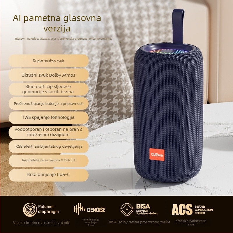 Prijenosni vanjski Bluetooth zvučnik s IPX7 vodootnošću, Bluetooth 5.3, frekvencijski raspon 100 Hz–20 kHz, SNR ≥70 dB, TF/USB/AUX/Bluetooth povezanost