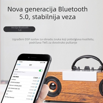 Vintage drveni Bluetooth zvučnik 2.1 kanala s ugrađenom baterijom — 40W, 3 zvučnika, Bluetooth 5.0, 100Hz-20kHz, SNR >=70dB