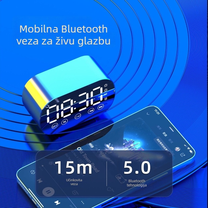 Bluetooth zvučnik s budilicom, ugrađena baterija 500-800 mAh, 10 W, frekvencijski raspon 30 Hz-15 kHz, SNR < 60 dB