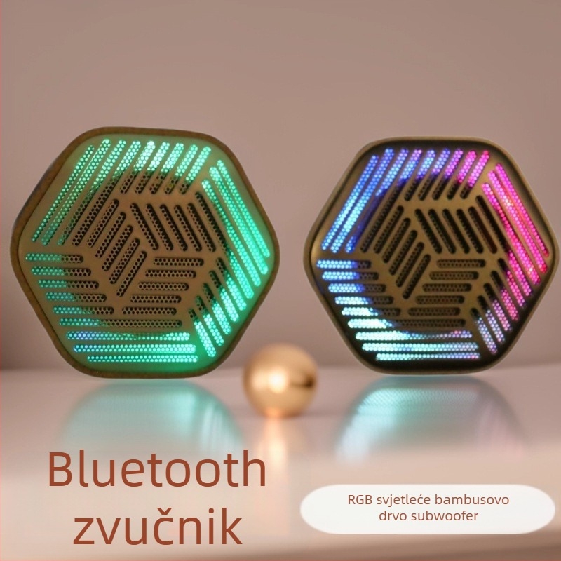 Mini Bluetooth zvučnik s RGB osvjetljenjem - ekološko drveno kućište od bambusa, 5W, Bluetooth 5.3, 100Hz-20kHz, SNR ≥95dB