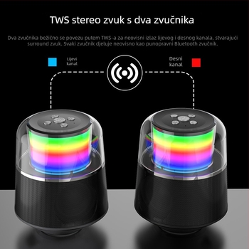 Bluetooth zvučnik s RGB osvjetljenjem, 5W snaga, Bluetooth 5.0, 60Hz-15kHz, 8 sati reprodukcije, USB sučelje