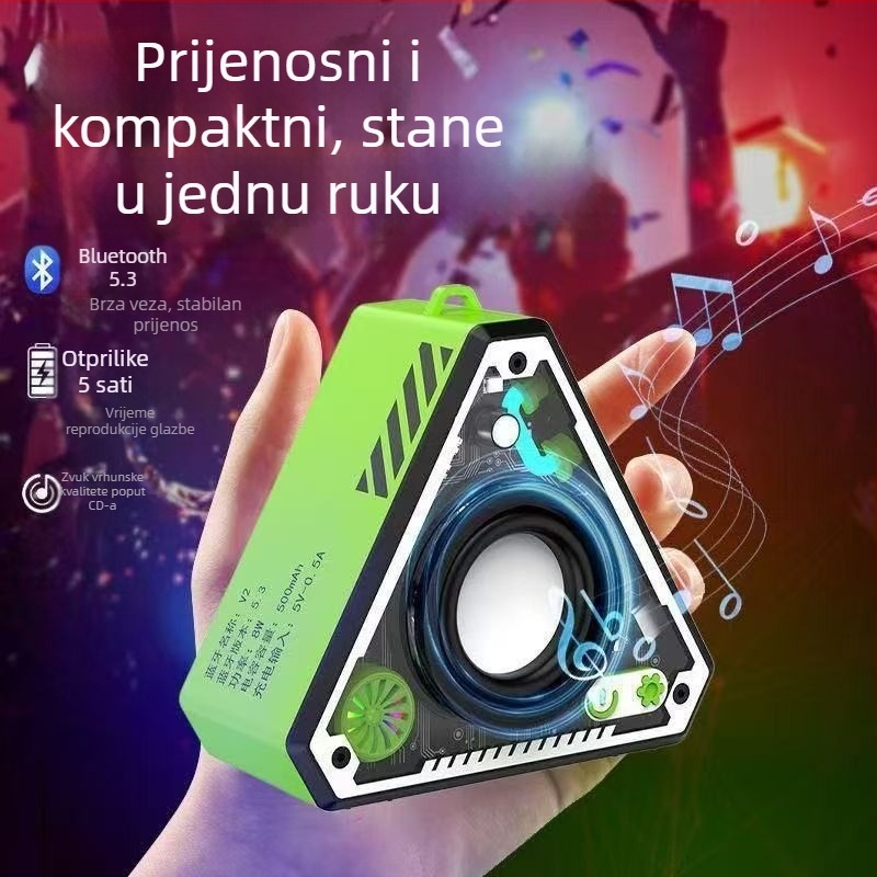 Prijenosni vanjski Bluetooth zvučnik, BT 5.0, 5W, frekvencijski raspon 100 Hz–20 kHz, SNR ≥70 dB, ugrađena baterija 300–500 mAh