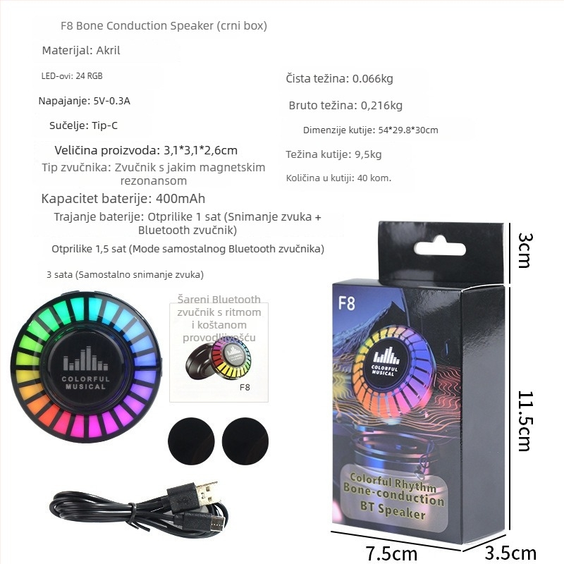 Bluetooth zvučnik s koštanom vodljivošću | Bluetooth verzija 5.0 | Frekvencijski odziv 60 Hz–15 kHz | SNR ≥75 dB | Ugrađena baterija 300–500 mAh | Nazivna snaga 5.4 W