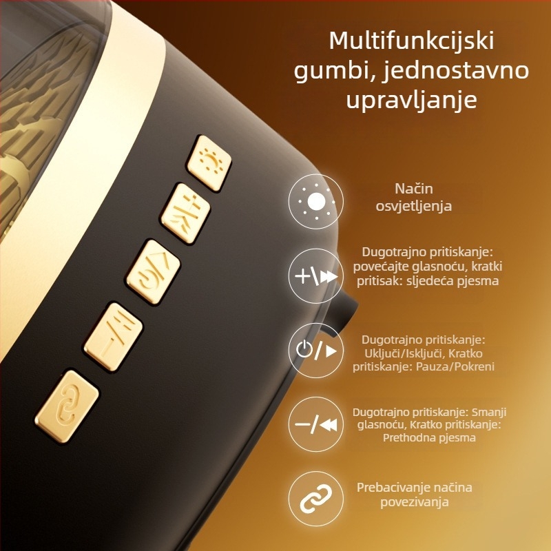 Mini Bluetooth zvučnik, 5 W, raspon 100 Hz–20 kHz, Bluetooth 5.3, ugrađena baterija 300–500 mAh, domet do 10 m