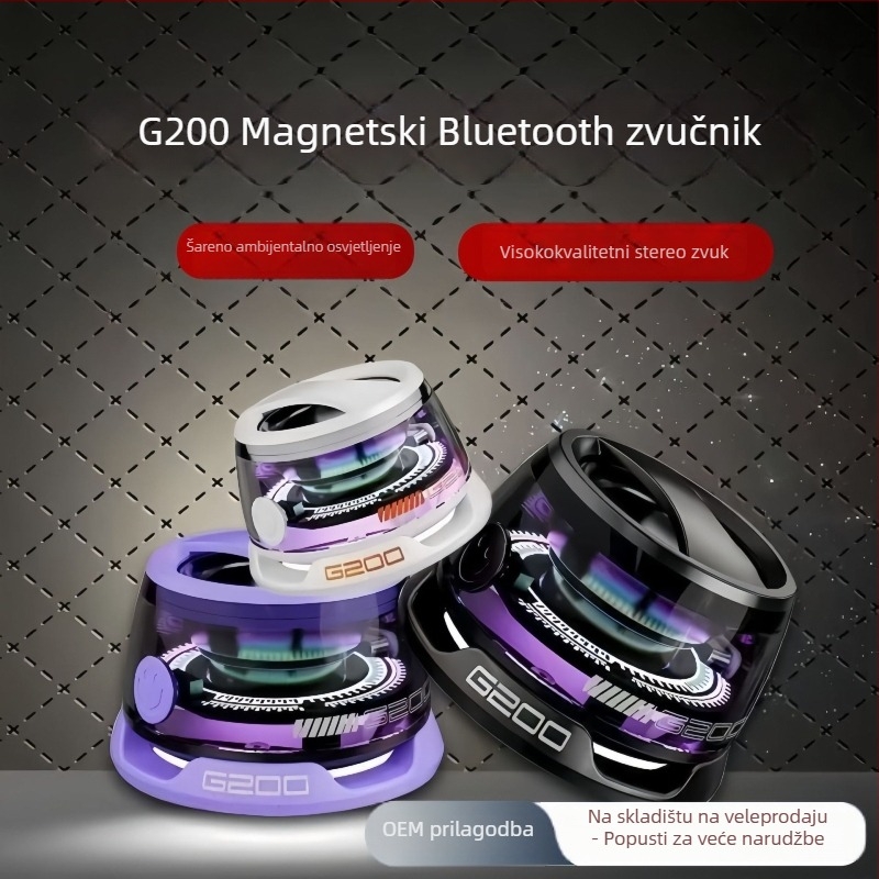 Bluetooth zvučnik s magnetskim stalkom tipa prijenosni subwoofer (Bluetooth 5.0, IPX6 vodootporan, frekvencijski raspon 30 Hz–15 kHz, izlazna snaga 5 W, ugrađena baterija 300–500 mAh)