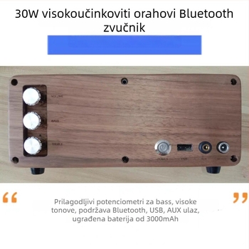 Bluetooth zvučnik od orahovog drveta s ugrađenom baterijom, 30W, 60 Hz–15 kHz, BT 5.1