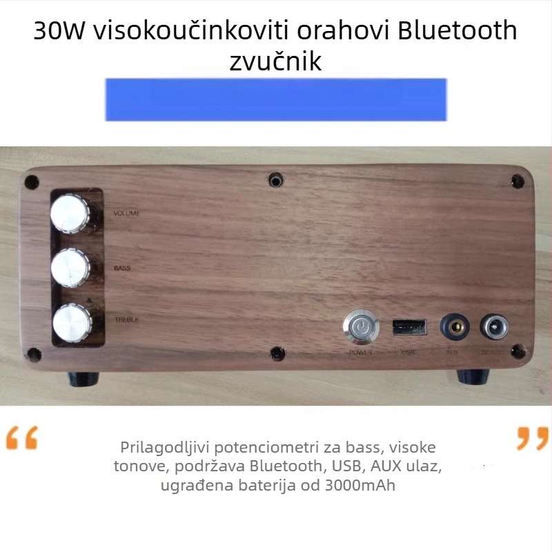 Bluetooth zvučnik od orahovog drveta s ugrađenom baterijom, 30W, 60 Hz–15 kHz, BT 5.1
