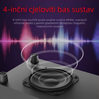 Drveni 2.1 multimedijski zvučnički sustav za računalo; USB napajanje, Bluetooth 4.1 i 3,5 mm AUX; izlazna snaga 10W + 3W×2; raspon frekvencija 20 Hz–18 kHz; drveno kućište