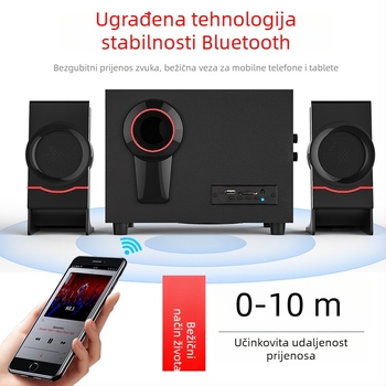 Drveni 2.1 multimedijski zvučnički sustav za računalo; USB napajanje, Bluetooth 4.1 i 3,5 mm AUX; izlazna snaga 10W + 3W×2; raspon frekvencija 20 Hz–18 kHz; drveno kućište