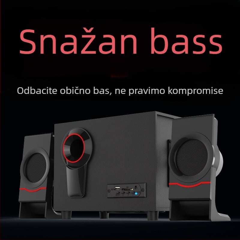 Drveni 2.1 multimedijski zvučnički sustav za računalo; USB napajanje, Bluetooth 4.1 i 3,5 mm AUX; izlazna snaga 10W + 3W×2; raspon frekvencija 20 Hz–18 kHz; drveno kućište