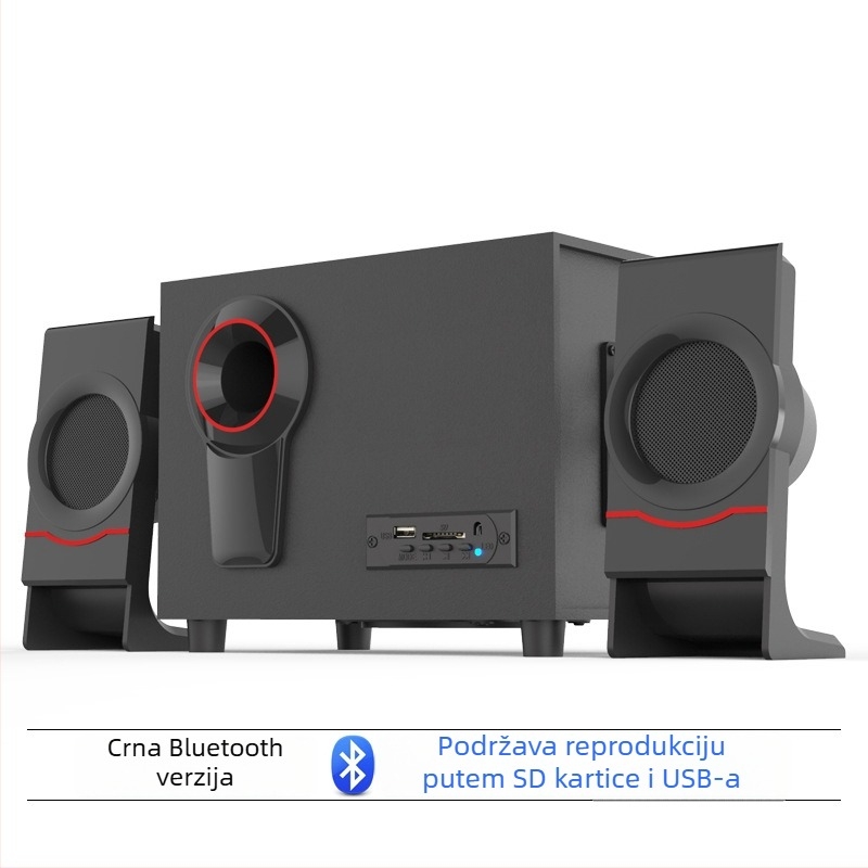 Drveni 2.1 multimedijski zvučnički sustav za računalo; USB napajanje, Bluetooth 4.1 i 3,5 mm AUX; izlazna snaga 10W + 3W×2; raspon frekvencija 20 Hz–18 kHz; drveno kućište