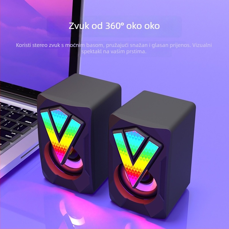 Svjetleći USB mini zvučnik za računalo s dva drajvera, raspon frekvencija 60 Hz–15 kHz, USB/3,5 mm zvuk, SNR ≥75 dB