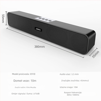 Stolni Bluetooth zvučnik s dva zvučnika, USB napajanje, ugrađena baterija 800–1000 mAh, frekvencijski raspon 100 Hz–20 kHz, SNR ≥75 dB, snaga 5 W