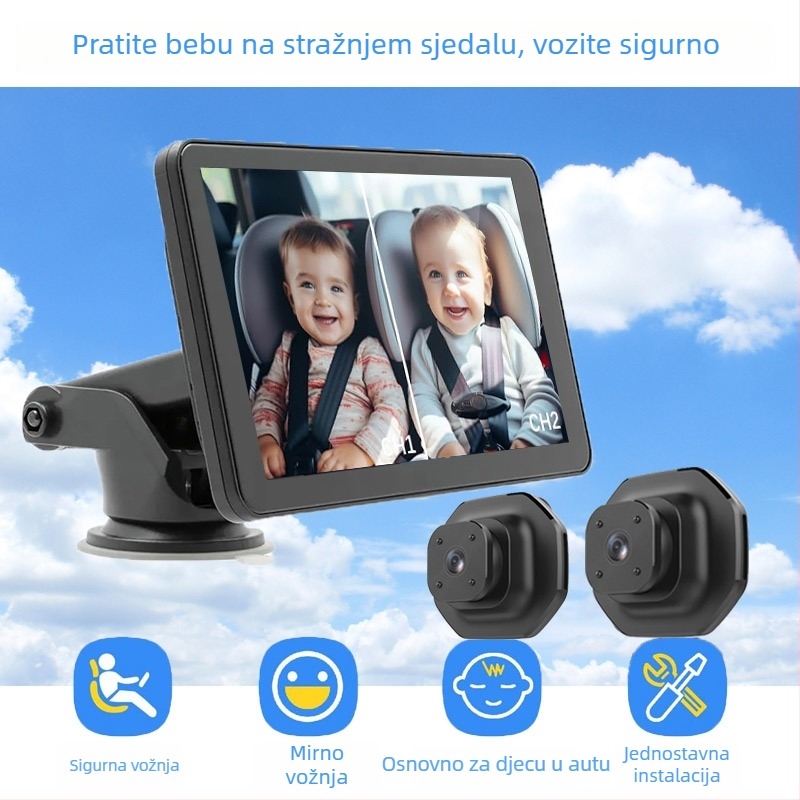 Monitor za stražnje sjedalo automobila za nadzor djeteta, IPS zaslon, 1280x720 rezolucija, VGA ulaz, digitalna kamera