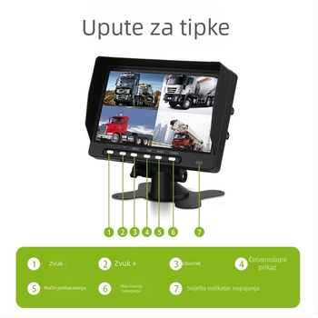 Auto LCD zaslon JY-M770; dvokanalni ulaz AHD/CVBS; rezolucija 1024x600; četverostrani HD monitor za vozidlu retroviziju; PAL/NTSC; prilagodljiva obrada; pogodno za kombije, kamione i kamp vozila