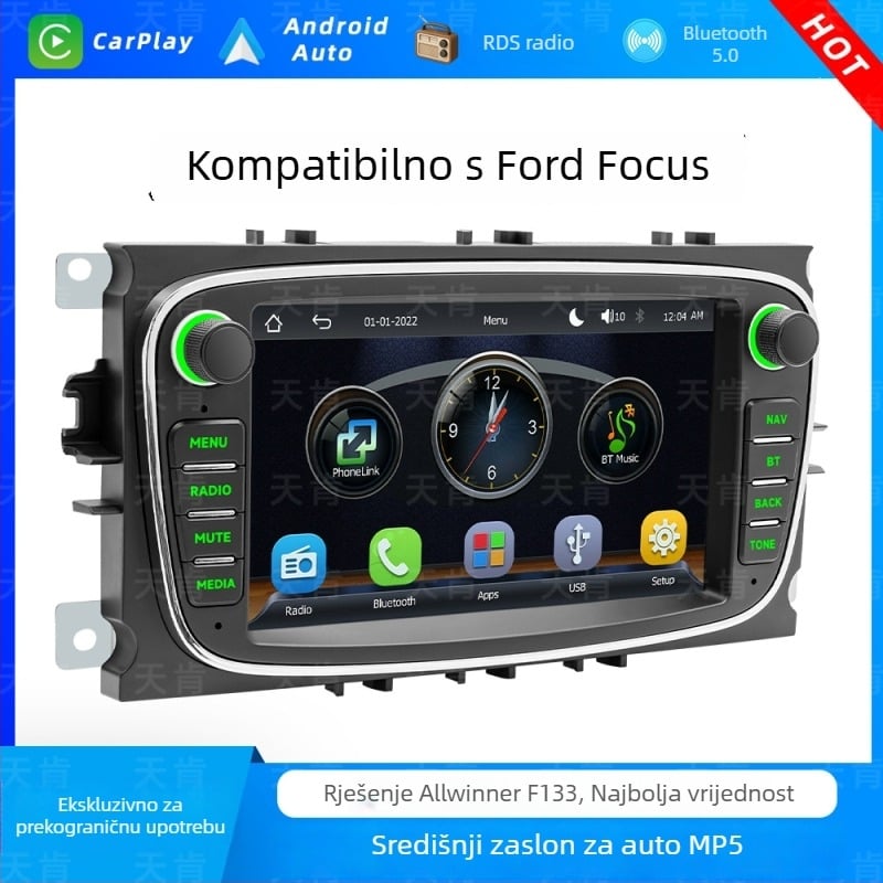Tianken Ford Focus MP5 Središnji zaslon GPS navigacije s CarPlay — IPS zaslon, napajanje 12-14.4V, 60W x 4, kompatibilno s Ford Focus