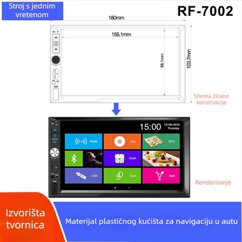 Prednja maska za navigaciju u automobilu – ABS, univerzalna kompatibilnost, otvor za zaslon 154.6×87.2 mm, vanjski okvir 220.2×133.5 mm / 180×103.7 mm, težina 65 g