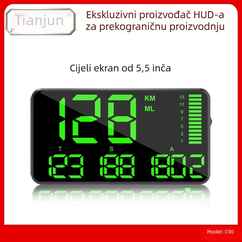 HUD automobilski prikaz, model C90, GPS ulaz, nadmorska visina, vrijeme i statistika prijeđenih kilometara, alarm pretjerane brzine