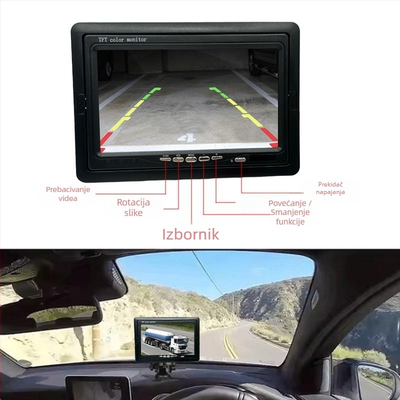 AutolCD monitor s HD prikazom za vožnju unazad, ulaz CVBS, PAL/NTSC, rezolucija 800x480/1024x600