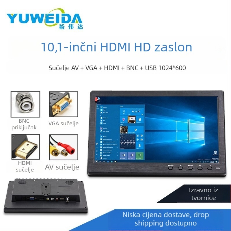 Ywd-101 Monitor za vozilo – LCD zaslon, 1024x600, HDMI, VGA i BNC ulazi