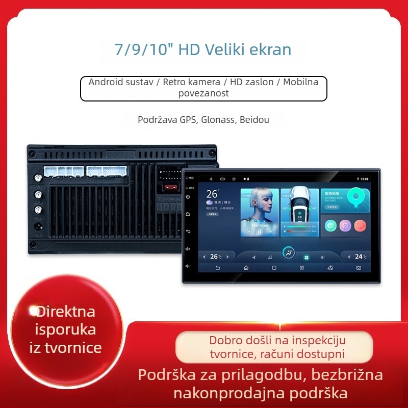 Automobilski LCD zaslon A100 s Androidom, GPS za vožnju unatrag, povezanost sa pametnim telefonom, HD zaslon, podržava više rezolucija