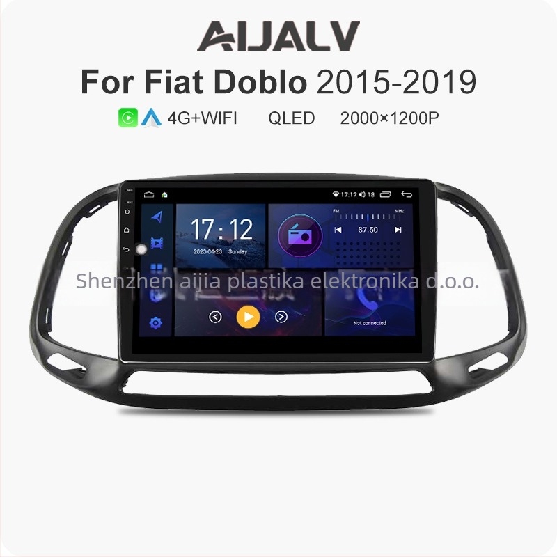 Android automobilski navigacijski sustav s okvirom i zaslonom, 2.5D temperirani zaslon, napajanje 12V, snaga 4x45W, kompatibilan s Fiat/Doblo 2015-2019