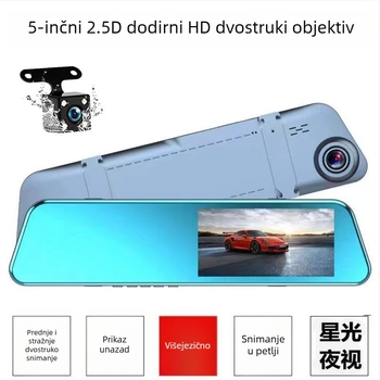 5-inčni DVR u retrovizoru s dodirnim zaslonom, visoka definicija, dvostruka kamera prednja i stražnja, višejezična podrška