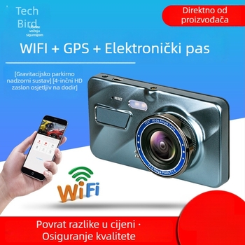 4-inčni automobilni dash cam s HD noćnim vidom, prednjom i stražnjom dvostrukim objektivom, Wi‑Fi, dodirni zaslon i GPS