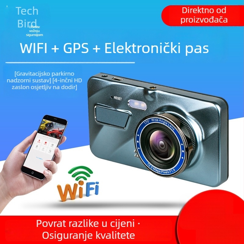 4-inčni automobilni dash cam s HD noćnim vidom, prednjom i stražnjom dvostrukim objektivom, Wi‑Fi, dodirni zaslon i GPS