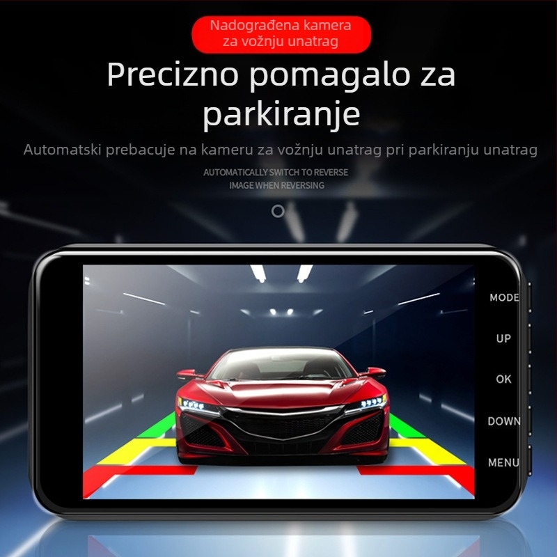 4-inčni automobilni dash cam s HD noćnim vidom, prednjom i stražnjom dvostrukim objektivom, Wi‑Fi, dodirni zaslon i GPS