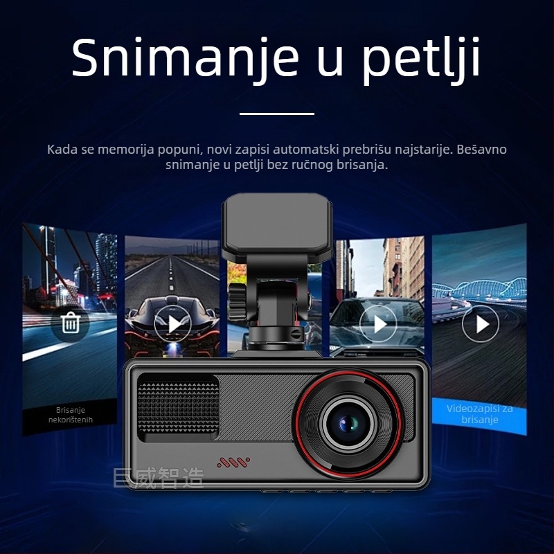 Automobilska kamera s tri leće, prednji i stražnji snimak, 1080p, noćni vid, 2-inčni zaslon, Wi-Fi