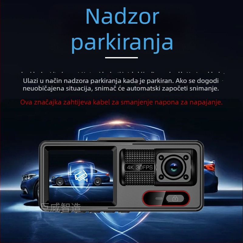 Automobilska kamera s tri leće, prednji i stražnji snimak, 1080p, noćni vid, 2-inčni zaslon, Wi-Fi