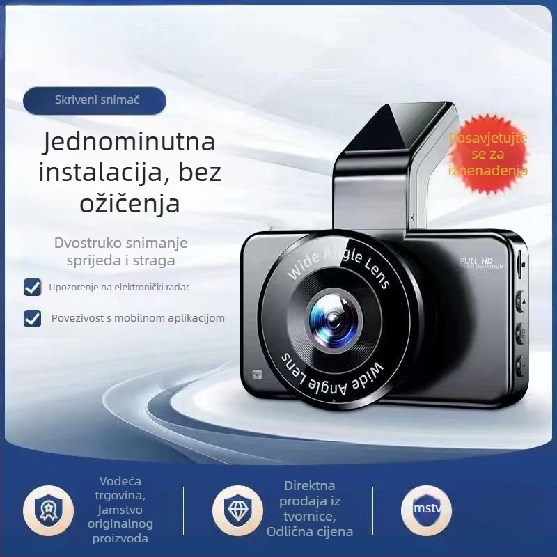 Automobilska dash kamera 1440P s prednjim i stražnjim dvostrukim snimanjem, bežična veza s mobilnom aplikacijom, prikaz za parkiranje unatrag, noćni vid, 3,0-inčni zaslon