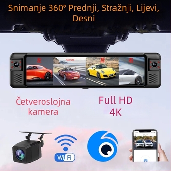 Zadnja zrcalna kamera 4K, 4 leće, 360° ADAS s nadzorom parkiranja i asistentom promjene trake, 170° vidno polje, Wi‑Fi