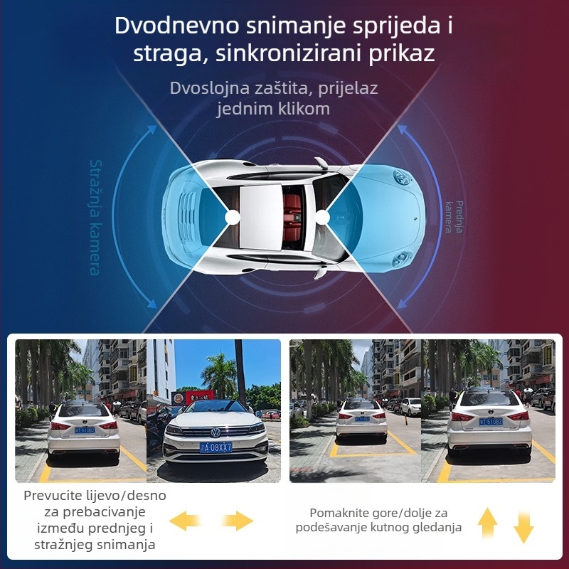 V1 Dualna kamera za auto prednja i stražnja, 1080p video, 170° široki kut, otvor blende F1.4, petlja snimanja, dodirni zaslon, USB/HDMI