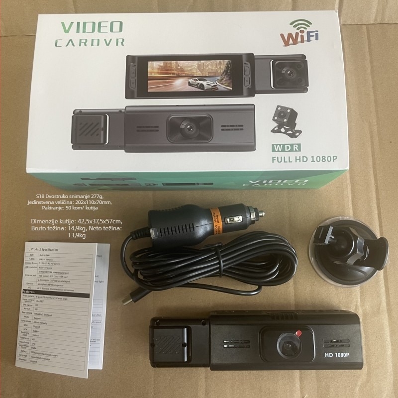 Auto dash cam S18: 1080p, 140° kut snimanja, prednji i stražnji snimak, Wi‑Fi, nadzor parkiranja