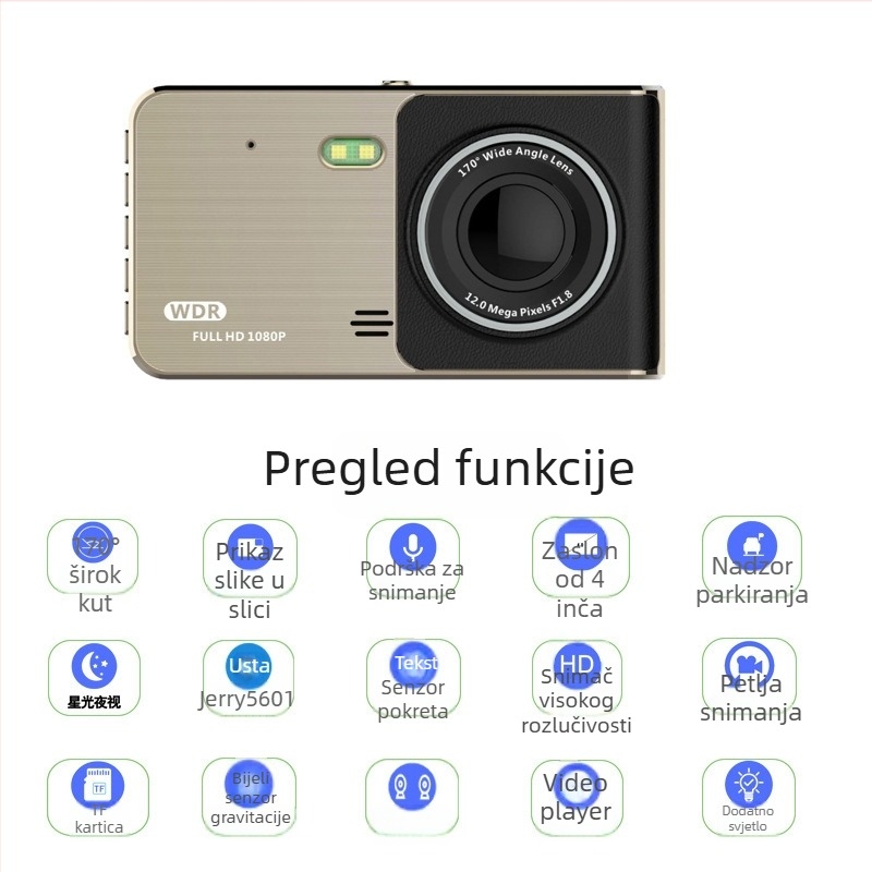 Automobilski DVR s dvostrukim objektivom, IPS dodirni zaslon, 1080p, 170° široki kut, ciklično snimanje, funkcija retrovizora