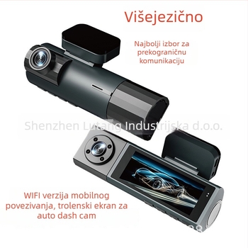 WiFi auto dash cam s tri objektiva — prednja, unutarnja i stražnja, 1080p, 170° širokokutni ugao, ciklično snimanje, noćni vid