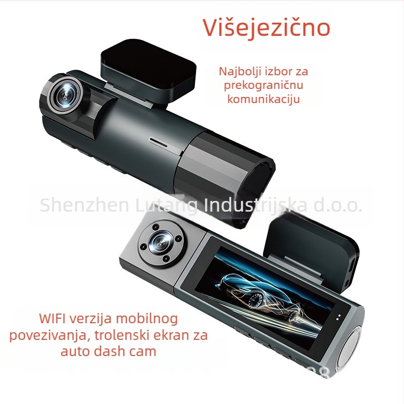WiFi auto dash cam s tri objektiva — prednja, unutarnja i stražnja, 1080p, 170° širokokutni ugao, ciklično snimanje, noćni vid