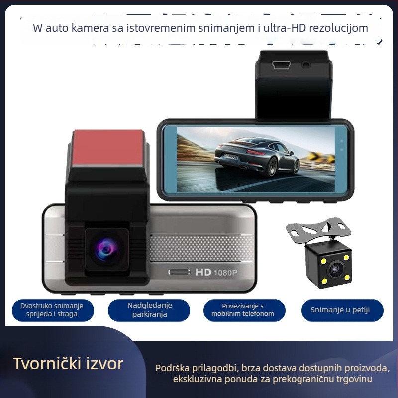 Wi-Fi dash cam s prednjom i stražnjom snimkom, 3,16 inča, 1296P, 170° široki kut, nadzor parkiranja