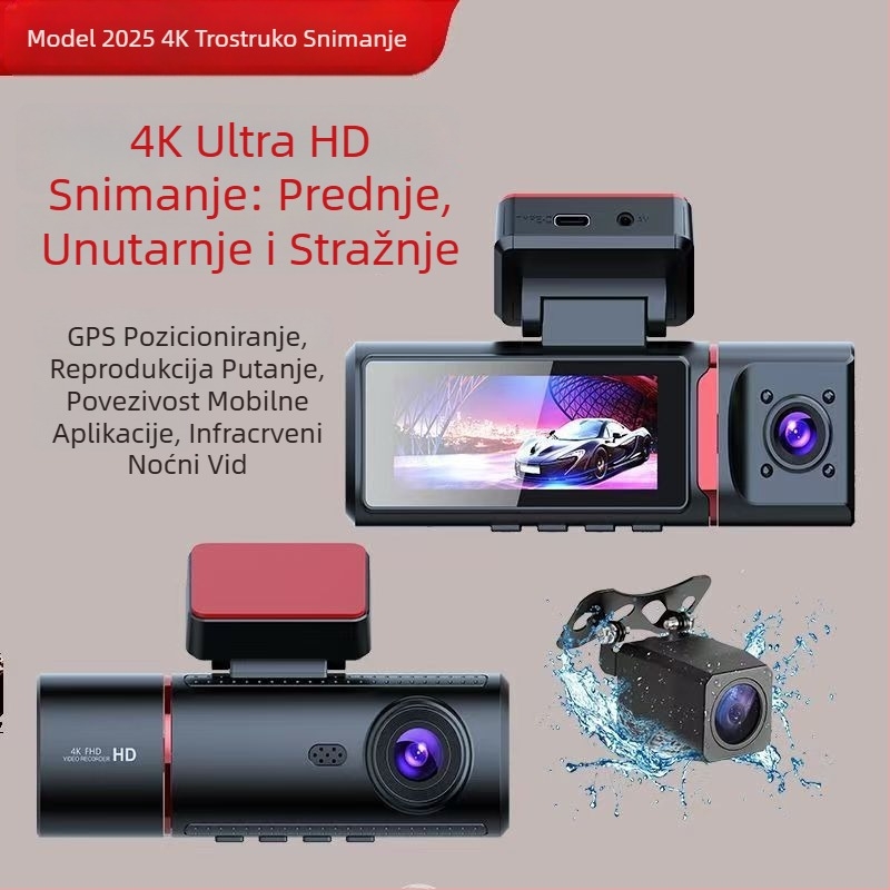 Tri-objektivni 4K dash cam s prednjom, srednjom i stražnjom kamerom, noćni način, ugrađeni GPS