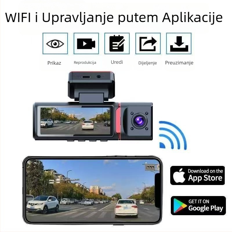 Tri-objektivni 4K dash cam s prednjom, srednjom i stražnjom kamerom, noćni način, ugrađeni GPS