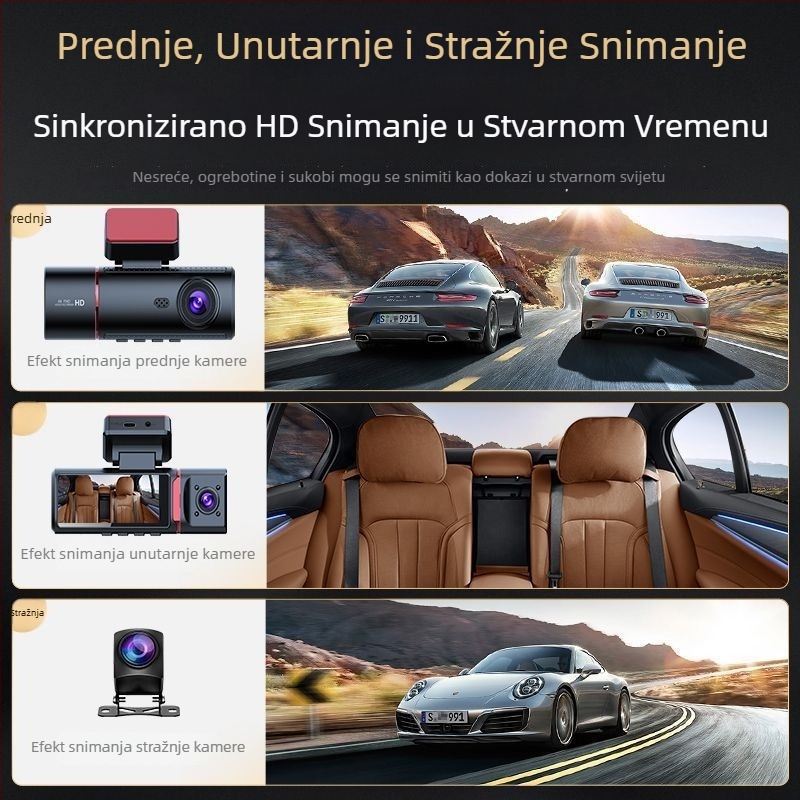 Tri-objektivni 4K dash cam s prednjom, srednjom i stražnjom kamerom, noćni način, ugrađeni GPS