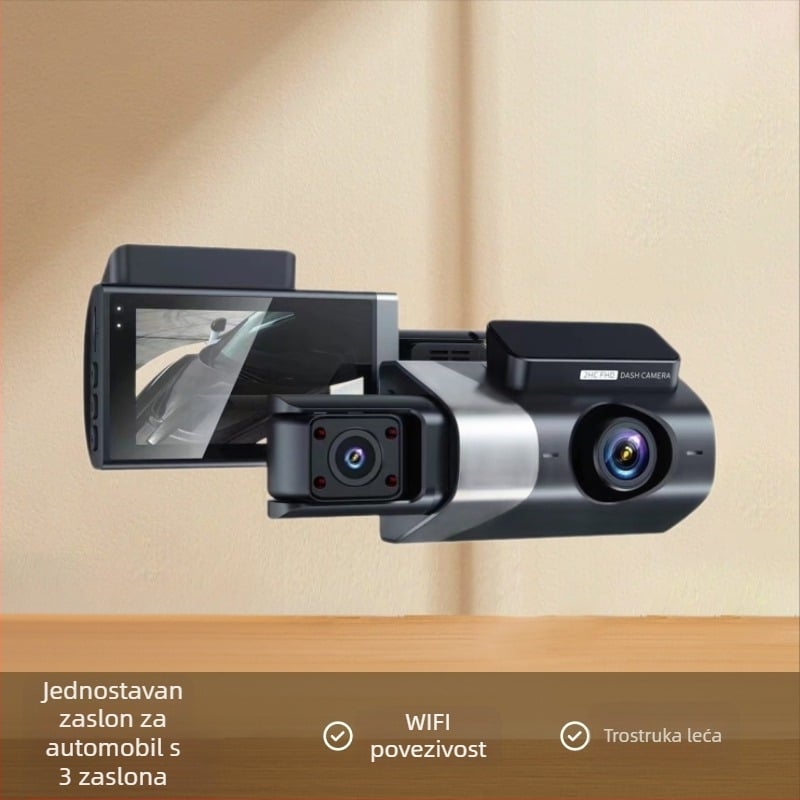 Kamere za vožnju s tri leće, Ultra HD noćni način, prednja, unutarnja i stražnja slika, Wi-Fi, 3-inčni zaslon
