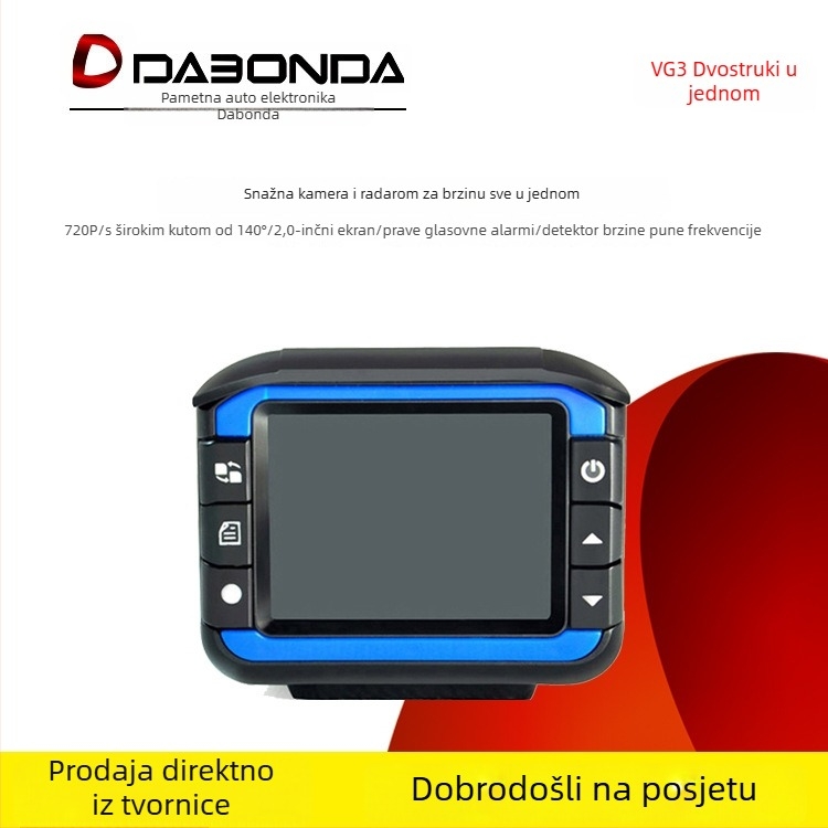 VG3 dash cam s radar detektorom – 140° kut snimanja, 1080p, 2,31 inča zaslon, petlja snimanja, USB, montaža na prednje staklo