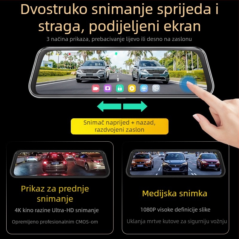 Dash cam s dvostrukom kamerom, 140° kut gledanja, 1440P video, 4MP fotografije, Wi‑Fi, cikličko snimanje, nadzor parkiranja, pomoć pri promjeni trake, upozorenje na sudar s vozilom ispred, poboljšano noćno vida
