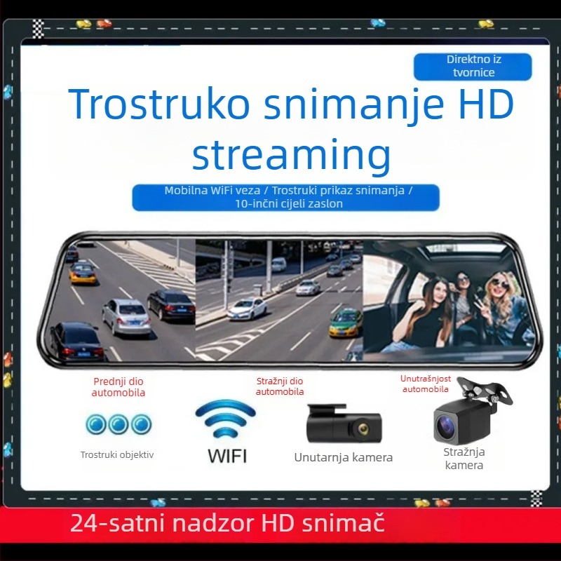 Nova 10-inčna trojlenska HD kamera za prednje, unutarnje i stražnje snimanje autom, 4K streaming i 24-satno praćenje parkiranja
