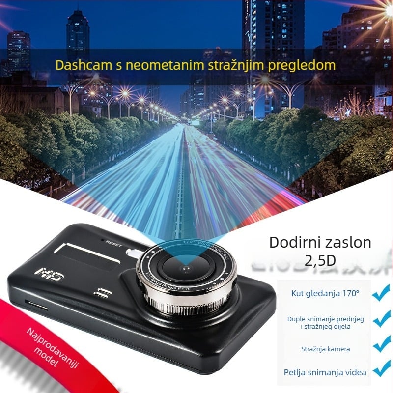 Kamera za automobil s dvostrukim objektivom i dodirnim zaslonom; snimanje naprijed i nazad u 1080p; široki kut 170°; petlja snimanja; podrška TF kartici.